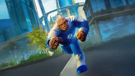 4K Ultra HD wallpaper of Ben Grimm as the Thing from The Fantastic Four: First Steps, captured in action with a futuristic cityscape in the background.