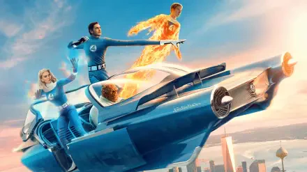 The Fantastic Four in action aboard their sleek flying vehicle, captured in a vibrant 4K Ultra HD PC desktop wallpaper from First Steps.