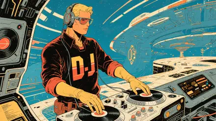 Digital artwork of a DJ wearing headphones, mixing on turntables inside a futuristic spaceship, rendered in vibrant colors as a 4K Ultra HD PC desktop wallpaper.