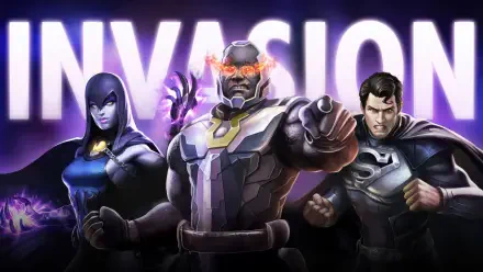4K Ultra HD PC desktop wallpaper from Injustice 2 featuring Raven, Darkseid, and Superman against a glowing INVASION backdrop.