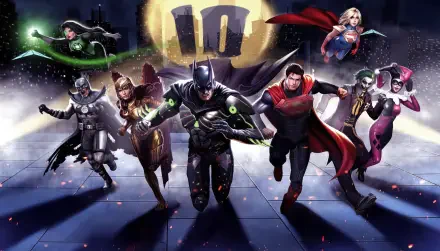 Injustice 2 heroes and villains sprinting forward in a dynamic 4K Ultra HD PC desktop wallpaper background.
