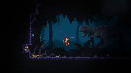 HD PC desktop wallpaper from the video game Primal Planet, depicting a pixel-art character facing a large dinosaur in a dark, dense jungle setting.