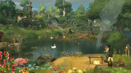 4K Ultra HD PC wallpaper from the video game Tales of the Shire: A The Lord of the Rings Game, depicting the lush, vibrant landscape of Comarca with cozy hobbit homes and a peaceful pond.