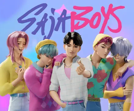 4K Ultra HD PC desktop wallpaper featuring animated characters from the movie KPop Demon Hunters, titled Saja Boys, showcasing five vibrant young men in colorful outfits.