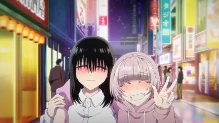 HD PC desktop wallpaper featuring anime characters Haru Nanakusa and Kabura Honda from Call of the Night, smiling together in a vibrant city night setting.