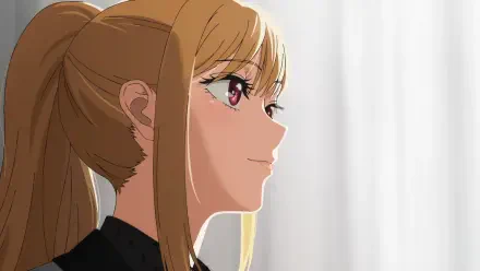 HD PC wallpaper featuring Marin Kitagawa from the anime My Dress-Up Darling, shown in a close-up side profile with a soft, bright background.