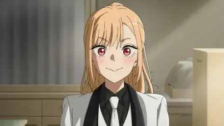 HD anime desktop wallpaper featuring Marin Kitagawa from My Dress-Up Darling, dressed in a black and white suit with a confident expression.