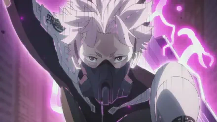 HD PC desktop wallpaper featuring Gen Narumi from the anime Kaiju No. 8, showcasing his intense expression and dynamic purple energy aura.