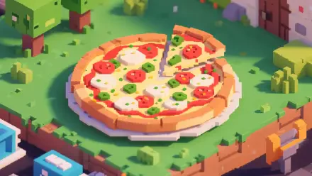 A vibrant 4K Ultra HD pixel art wallpaper of a margherita pizza with fresh tomatoes, basil, and mozzarella on a colorful, blocky landscape background.
