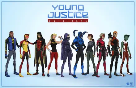 HD PC desktop wallpaper featuring the main cast of Young Justice Outsiders, standing side by side against a light background with the show’s logo above them.