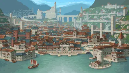 4K Ultra HD pixel art wallpaper of a detailed port city from the video game Chained Echoes: Ashes of Elrant, featuring ships, stone buildings, and mountain landscapes.