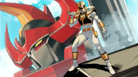 HD PC desktop wallpaper featuring the Power Rangers Megazord with a Fortnite video game theme in vibrant colors and dynamic composition.
