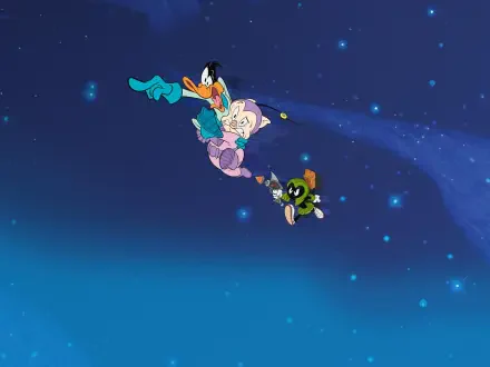 Duck Dodgers and characters float in space against a starry blue background in this vibrant 4K Ultra HD PC desktop wallpaper.