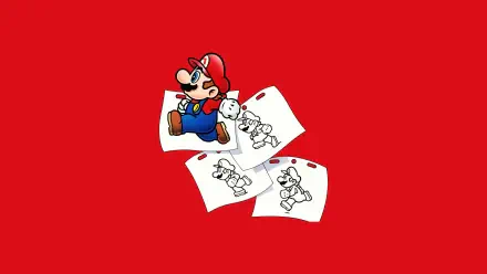 Super Mario in Mario Paint style on a vivid red 4K Ultra HD PC desktop wallpaper, featuring a jumping Mario sprite and three animation sketch sheets.