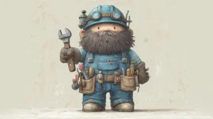 Cartoon bearded handyman in blue overalls with goggles, tool belt and wrench — whimsical 4K Ultra HD PC desktop wallpaper/background.