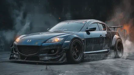 Poster-style HD PC desktop wallpaper of a tuned Mazda RX-8 with wide-body kit, deep front splitter, big rear wing and smoky urban night backdrop.