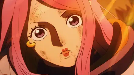 HD PC anime desktop wallpaper of One Piece's Jewelry Bonney, close-up of her dirt-smudged face with pink hair, wide purple eyes, heart-shaped earring and warm backlight