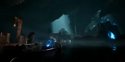 HD PC desktop wallpaper from the video game Echoes of the End: characters in a small boat drift through a dim cavern lit by blue crystals and distant beams of light.
