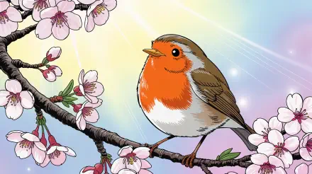 Illustrated robin with an orange breast perched on a cherry blossom branch against a soft pastel sky — 4K Ultra HD PC desktop wallpaper and background.