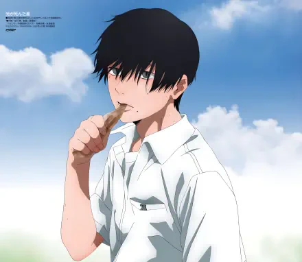 4K Ultra HD PC desktop wallpaper of Tsujinaka Yoshiki (The Summer Hikaru Died): dark-haired student in a white shirt eating a chocolate bar under a blue sky with clouds.