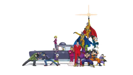 Dragon Ball Super: Super Hero cast posed around a limo in a colorful ensemble, presented as an 8K Ultra HD PC desktop wallpaper and background.