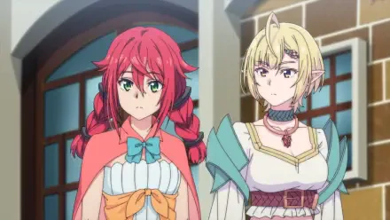 HD PC wallpaper from the anime Tsuyokute New Saga showing two women in a hall: a red-haired, braided heroine in a cape and ribboned dress, and a blonde elf with a circlet, choker, and layered gown.