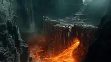 4K Ultra HD PC desktop wallpaper and background: fantasy dwarven mine — vast cavern with molten lava river, carved stone bridges and dripping waterfalls, glowing orange light against dark rock.