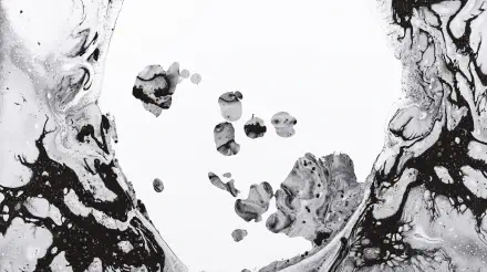 Black-and-white abstract Radiohead album cover artwork with marbled ink shapes and high-contrast negative space, HD PC desktop wallpaper/background.