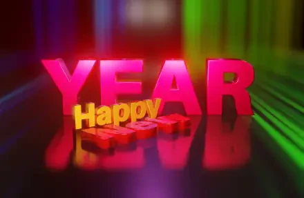 3D HD PC desktop wallpaper: bold pink YEAR with smaller yellow Happy in front on a glossy reflective surface with neon green, blue and red light streaks — New Year greeting.