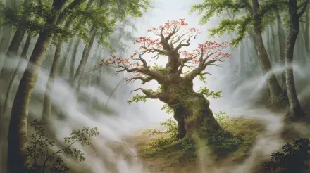 Misty forest with sunbeams through fog around an ancient gnarled tree with pink blossoms, 4K Ultra HD PC desktop wallpaper and background.