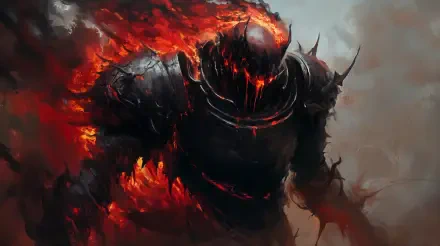 Fantasy knight in cursed, molten black armor ablaze with red cracks and fire — dramatic 4K Ultra HD PC desktop wallpaper background.