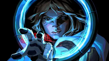 HD PC desktop wallpaper of Deadlock (Valorant) from the video game Valorant: hooded agent reaches through a glowing blue ring, intense gaze and outstretched hand.