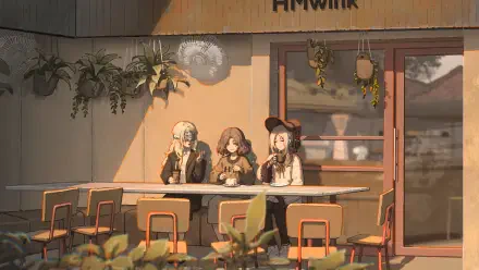 4K Ultra HD desktop wallpaper of three game maidens — Dark Souls' Fire Keeper, Bloodborne's Plain Doll, and Elden Ring's Melina — seated at a sunlit café table in soft anime style.