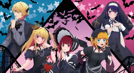 HD PC desktop wallpaper of Oshi no Ko anime: five characters in gothic black outfits—two blond girls, red-haired girl, nun, and blond boy—pink-blue starry backdrop with bats.