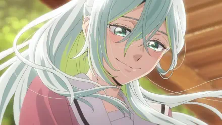 Anime HD desktop wallpaper of Subaru Hoshina from The Fragrant Flower Blooms With Dignity, smiling with wind-tousled mint hair and soft green eyes against a warm sunlit wooden background.