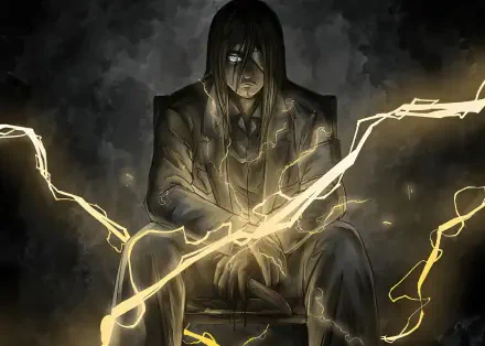 Attack on Titan 4K Ultra HD PC wallpaper: brooding suited figure on a chair, glowing eyes, yellow lightning arcing from hands amid a dark, stormy backdrop.