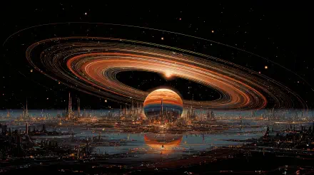 Sci Fi 4K Ultra HD PC desktop wallpaper and background: a ringed gas giant rises above a neon-lit futuristic city of spires reflected in dark waters beneath a starry sky.