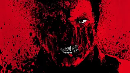 Overlord (2018) 4K Ultra HD PC desktop wallpaper: blood-red splattered portrait of a half-decayed face with one white eye and exposed teeth.