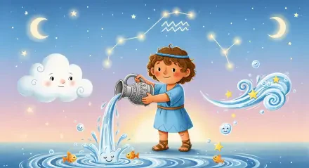 Whimsical Aquarius (Astrology) 4K Ultra HD PC desktop wallpaper: child pouring water from a jug amid stars, constellations, moons and smiling clouds.