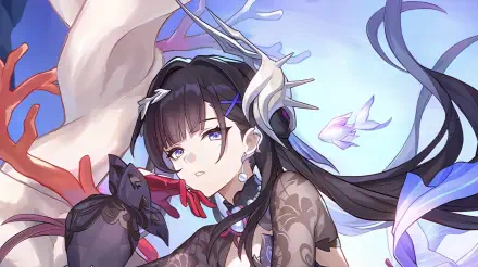 Honkai: Star Rail video game HD PC desktop wallpaper featuring Hysilens — portrait in ornate black lace, flowing dark hair, horn-like headpiece and pastel aquatic motifs.