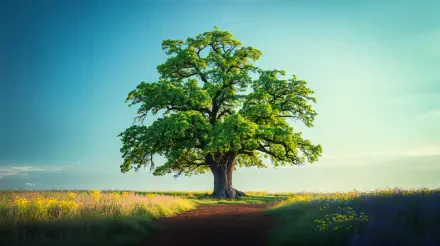 4K Ultra HD PC Desktop Wallpaper and Background: a solitary, sprawling green tree in a sunlit meadow, a dirt path leading to it beneath a clear turquoise sky.