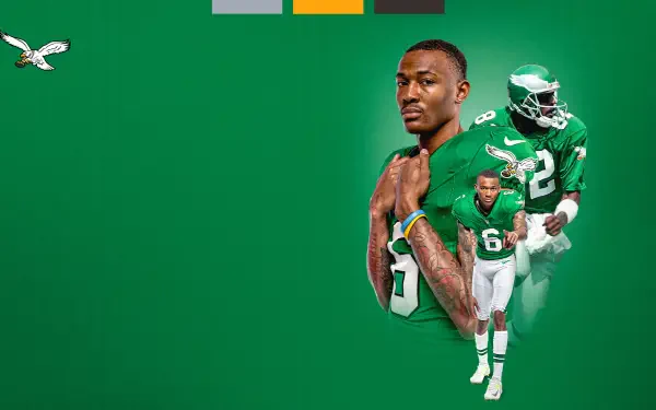 HD PC desktop wallpaper featuring Philadelphia Eagles NFL football players in green uniforms on a vibrant green background with team logo in the top left corner.
