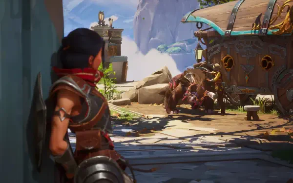 4K Ultra HD Eternal Strands video game wallpaper depicting a character observing monstrous creatures near a detailed, fantasy-style structure in a vibrant outdoor setting.