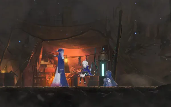 A captivating HD wallpaper from the video game Ender Magnolia: Bloom In The Mist, featuring mystical characters in a dimly lit environment with enchanting details.