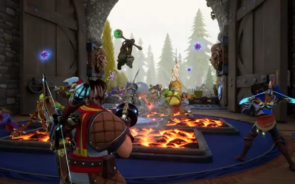 An action-packed scene from the video game Orcs Must Die! Deathtrap, featuring characters battling against enemies amidst traps and fiery obstacles. HD wallpaper for PC desktops.