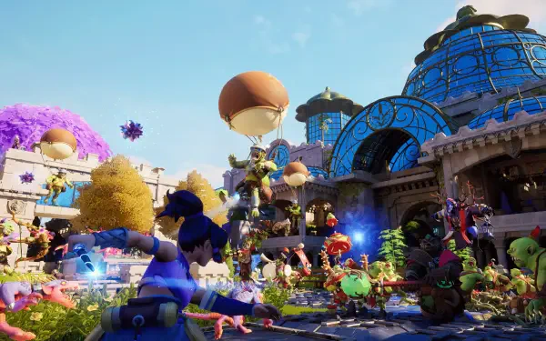 A vibrant scene from the video game Orcs Must Die! Deathtrap, showcasing a battle with colorful characters and dynamic action set against a fantastical backdrop.