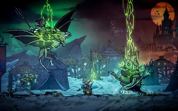 A vibrant 4K Ultra HD wallpaper from Tails of Iron 2: Whiskers of Winter, showcasing a dramatic battle scene with fantastical creatures amid an eerie, atmospheric landscape.