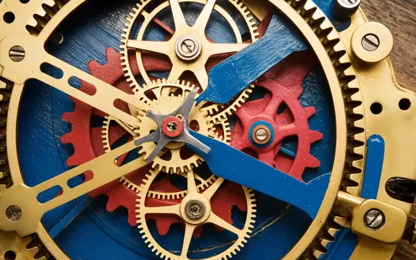 A close-up of an intricate clockwork mechanism featuring gold, blue, and red gears. This high-resolution image makes an engaging 4K Ultra HD desktop wallpaper.
