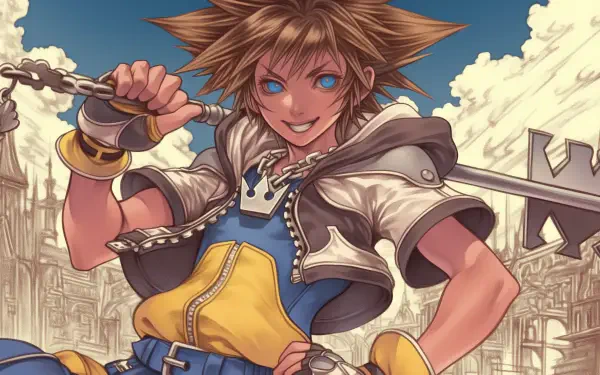 A vibrant HD wallpaper featuring Sora from Kingdom Hearts, showcasing his playful expression and iconic keyblade against a sky and architectural backdrop.