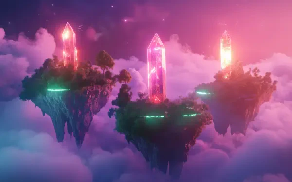 A breathtaking ethereal scene featuring three glowing pink crystals atop floating islands, enveloped in soft clouds, perfect for a HD desktop wallpaper or background.
